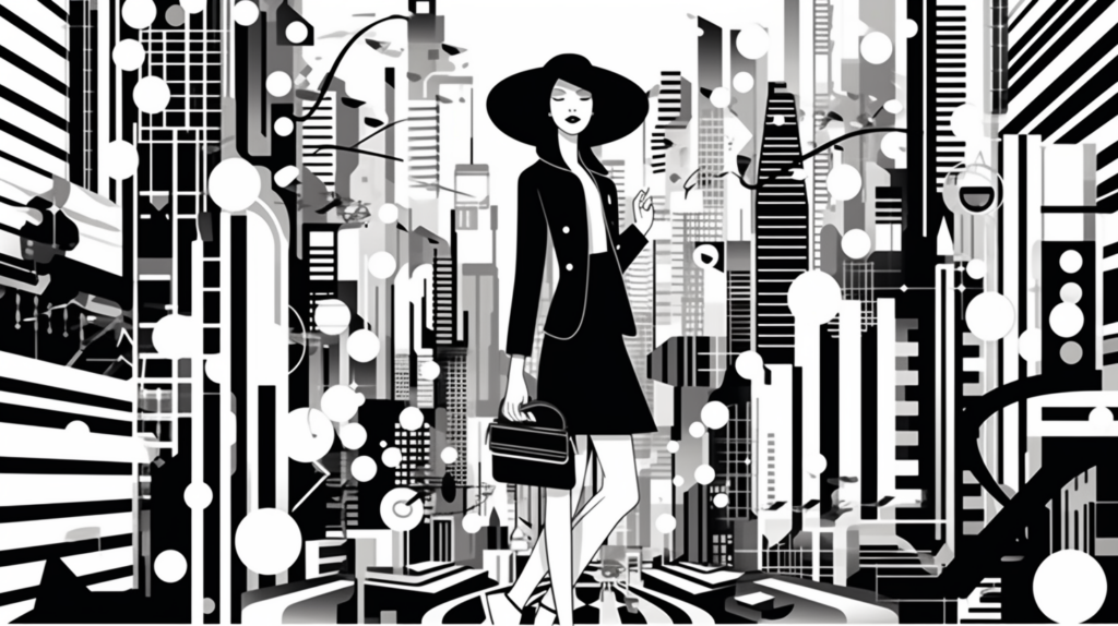A black and white illustration depicts a woman in a stylish hat and coat, walking through a bustling city. The woman, who appears to be in her early thirties, exudes a sense of confidence as she navigates the urban landscape. She is carrying a chic handbag/satchel, adding to her sophisticated aura. The cityscape behind her features tall buildings and a clock, suggesting a busy metropolitan area. The woman''s outfit and accessories, along with the urban setting, create a timeless and fashionable image that captures the essence of city life.