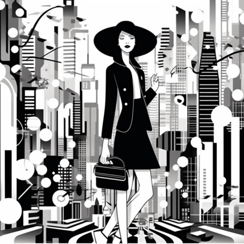 A black and white illustration depicts a woman in a stylish hat and coat, walking through a bustling city. The woman, who appears to be in her early thirties, exudes a sense of confidence as she navigates the urban landscape. She is carrying a chic handbag/satchel, adding to her sophisticated aura. The cityscape behind her features tall buildings and a clock, suggesting a busy metropolitan area. The woman''s outfit and accessories, along with the urban setting, create a timeless and fashionable image that captures the essence of city life.