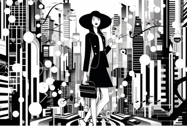 A black and white illustration depicts a woman in a stylish hat and coat, walking through a bustling city. The woman, who appears to be in her early thirties, exudes a sense of confidence as she navigates the urban landscape. She is carrying a chic handbag/satchel, adding to her sophisticated aura. The cityscape behind her features tall buildings and a clock, suggesting a busy metropolitan area. The woman''s outfit and accessories, along with the urban setting, create a timeless and fashionable image that captures the essence of city life.