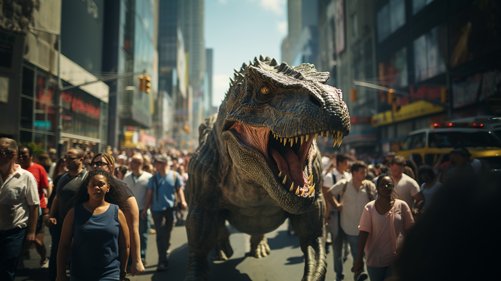 A large dinosaur statue stands in the middle of a bustling crowd on a city street. The crowd consists of various individuals, including a person wearing a hat, another person with glasses, and a young girl. There are also multiple individuals wearing hats and other shoes. In the background, a traffic light can be seen. The scene is colorful, with the primary colors being shades of gray, brown, and green. The dinosaur statue is the focal point of the image, capturing the attention of both the crowd and the viewer.