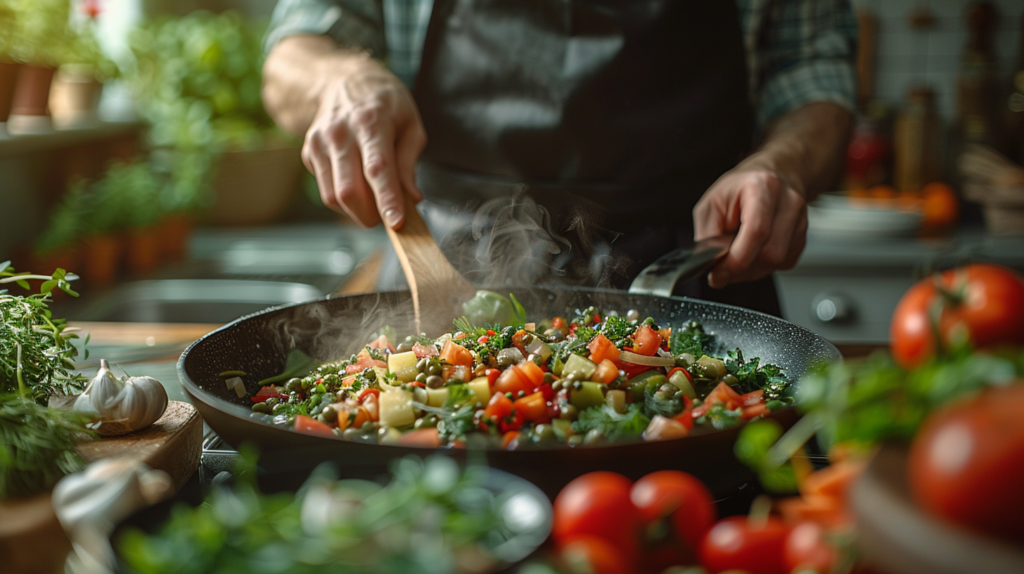 A man is seen cooking vegetables in a wok on a table, using a wooden spoon to stir the mixture. The man appears focused on the task at hand, showcasing his culinary skills as a chef. The scene is set with a potted plant in the background, adding a touch of greenery to the kitchen. Nearby, a bowl and a plate are placed, possibly to serve the cooked dish. The color scheme in the image consists of earthy tones like beige, brown, and green, creating a warm and inviting atmosphere. The man is seen cooking carrots, highlighting the use of fresh ingredients in the dish. Overall, the image captures a moment of cooking and creativity in the kitchen.