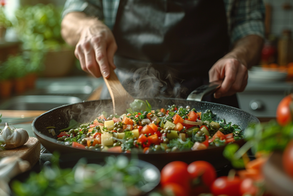 A man is seen cooking vegetables in a wok on a table, using a wooden spoon to stir the mixture. The man appears focused on the task at hand, showcasing his culinary skills as a chef. The scene is set with a potted plant in the background, adding a touch of greenery to the kitchen. Nearby, a bowl and a plate are placed, possibly to serve the cooked dish. The color scheme in the image consists of earthy tones like beige, brown, and green, creating a warm and inviting atmosphere. The man is seen cooking carrots, highlighting the use of fresh ingredients in the dish. Overall, the image captures a moment of cooking and creativity in the kitchen.