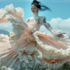 A serene scene unfolds as a young woman, approximately 22 years old, gracefully walks through a picturesque field of flowers. She is wearing a stunning dress with a large white lace overlay, exuding an aura of elegance and beauty. The dress features intricate lace and tulle details, embodying a sense of romance and sophistication. The woman''s attire is complemented by a large feather accent, adding a touch of whimsy to her ensemble. The lush field around her is filled with blooming flowers, creating a vibrant and colorful backdrop for this enchanting moment.