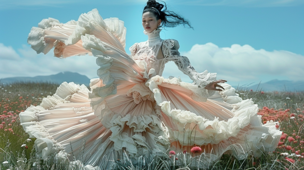 A serene scene unfolds as a young woman, approximately 22 years old, gracefully walks through a picturesque field of flowers. She is wearing a stunning dress with a large white lace overlay, exuding an aura of elegance and beauty. The dress features intricate lace and tulle details, embodying a sense of romance and sophistication. The woman''s attire is complemented by a large feather accent, adding a touch of whimsy to her ensemble. The lush field around her is filled with blooming flowers, creating a vibrant and colorful backdrop for this enchanting moment.