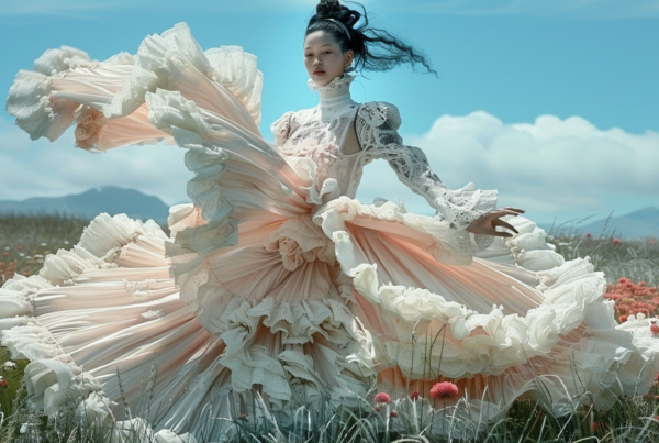 A serene scene unfolds as a young woman, approximately 22 years old, gracefully walks through a picturesque field of flowers. She is wearing a stunning dress with a large white lace overlay, exuding an aura of elegance and beauty. The dress features intricate lace and tulle details, embodying a sense of romance and sophistication. The woman''s attire is complemented by a large feather accent, adding a touch of whimsy to her ensemble. The lush field around her is filled with blooming flowers, creating a vibrant and colorful backdrop for this enchanting moment.