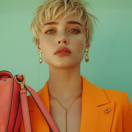 In the image, a young woman with a bright orange jacket is seen holding a pink purse. Her outfit is accessorized with a gold necklace. The woman has long brown hair and is wearing minimal makeup. She appears to be in her early twenties and has a pleasant expression on her face. The background is blurred, focusing all attention on the woman. The colors in the image are primarily shades of orange, brown, and green. The woman''s style gives off a trendy and fashionable vibe, making her a stylish and confident individual.