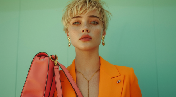 In the image, a young woman with a bright orange jacket is seen holding a pink purse. Her outfit is accessorized with a gold necklace. The woman has long brown hair and is wearing minimal makeup. She appears to be in her early twenties and has a pleasant expression on her face. The background is blurred, focusing all attention on the woman. The colors in the image are primarily shades of orange, brown, and green. The woman''s style gives off a trendy and fashionable vibe, making her a stylish and confident individual.