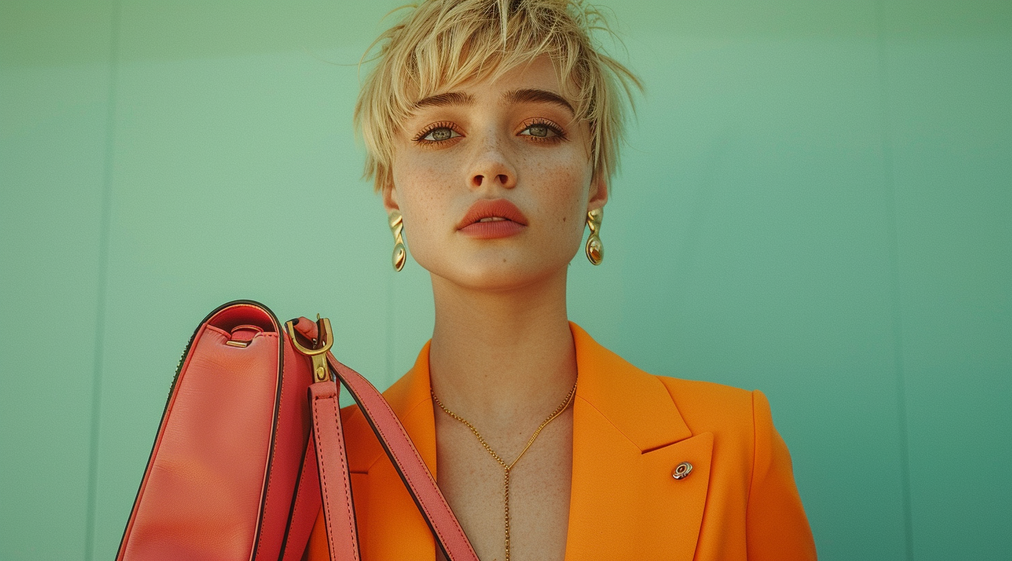 In the image, a young woman with a bright orange jacket is seen holding a pink purse. Her outfit is accessorized with a gold necklace. The woman has long brown hair and is wearing minimal makeup. She appears to be in her early twenties and has a pleasant expression on her face. The background is blurred, focusing all attention on the woman. The colors in the image are primarily shades of orange, brown, and green. The woman''s style gives off a trendy and fashionable vibe, making her a stylish and confident individual.