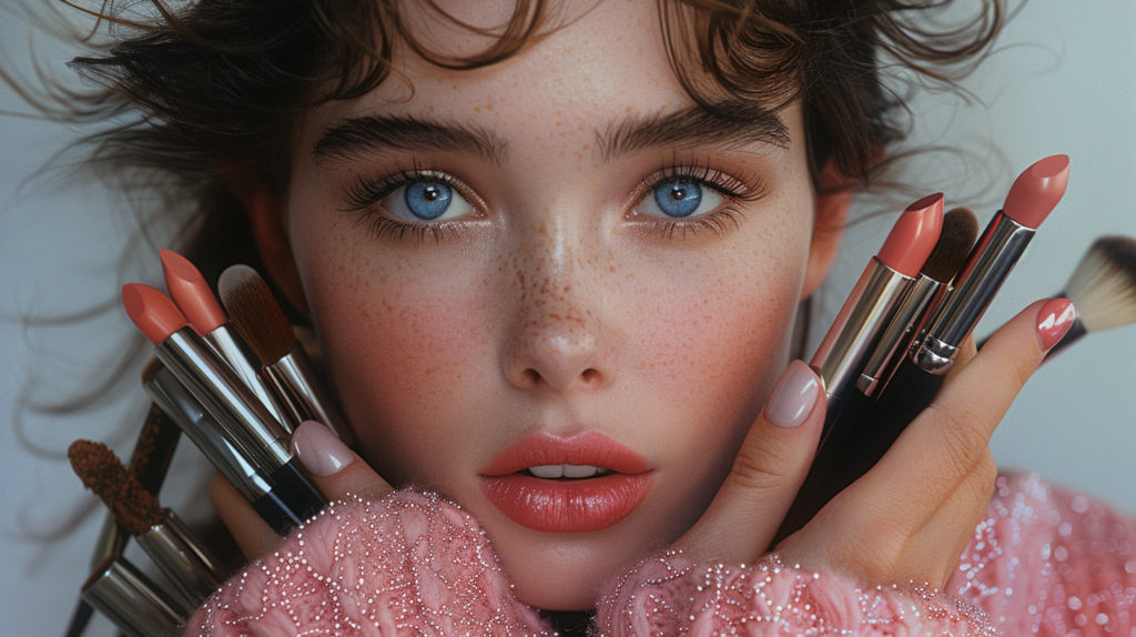 A young woman with freckles is holding a bunch of makeup brushes in her hands. She appears to be focused on her beauty routine, as she also has lipstick in her hand. Her red hair contrasts beautifully with her colorful makeup tools. The woman''s face is the center of attention, showcasing her natural beauty and freckles. The image is a close-up, allowing us to see the details of her face and the makeup brushes she is holding. The overall color scheme of the image includes shades of brown, red, and black, creating a warm and inviting aesthetic