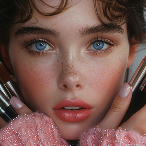 A young woman with freckles is holding a bunch of makeup brushes in her hands. She appears to be focused on her beauty routine, as she also has lipstick in her hand. Her red hair contrasts beautifully with her colorful makeup tools. The woman''s face is the center of attention, showcasing her natural beauty and freckles. The image is a close-up, allowing us to see the details of her face and the makeup brushes she is holding. The overall color scheme of the image includes shades of brown, red, and black, creating a warm and inviting aesthetic