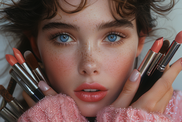 A young woman with freckles is holding a bunch of makeup brushes in her hands. She appears to be focused on her beauty routine, as she also has lipstick in her hand. Her red hair contrasts beautifully with her colorful makeup tools. The woman''s face is the center of attention, showcasing her natural beauty and freckles. The image is a close-up, allowing us to see the details of her face and the makeup brushes she is holding. The overall color scheme of the image includes shades of brown, red, and black, creating a warm and inviting aesthetic