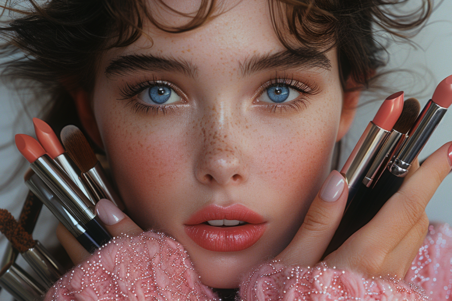 A young woman with freckles is holding a bunch of makeup brushes in her hands. She appears to be focused on her beauty routine, as she also has lipstick in her hand. Her red hair contrasts beautifully with her colorful makeup tools. The woman''s face is the center of attention, showcasing her natural beauty and freckles. The image is a close-up, allowing us to see the details of her face and the makeup brushes she is holding. The overall color scheme of the image includes shades of brown, red, and black, creating a warm and inviting aesthetic
