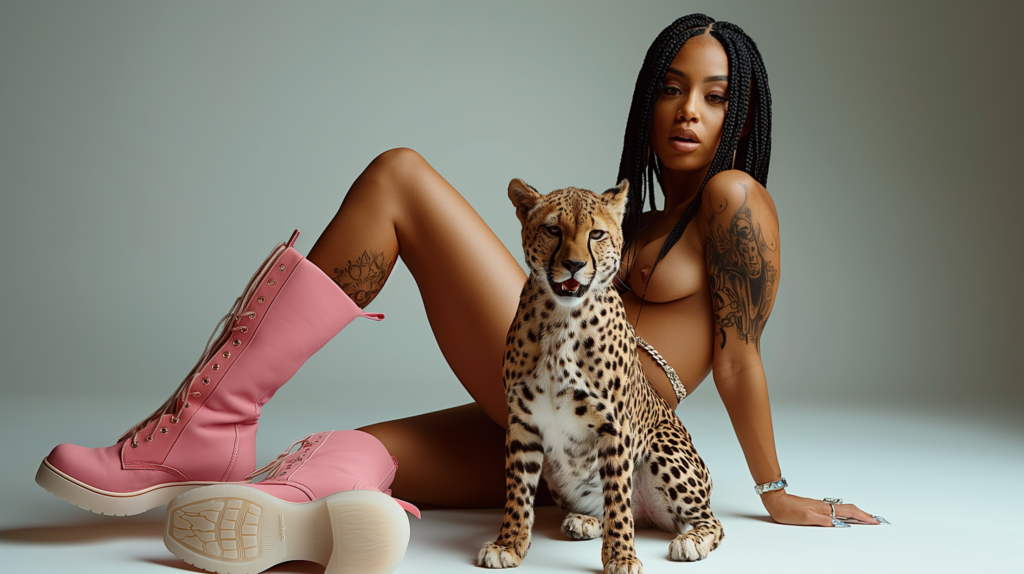 A young woman is sitting on the ground, wearing pink boots with white soles. She has a leopard sitting next to her, with its head resting on her lap. The woman is wearing a bracelet on her wrist and a ring on her finger. In the background, there is another pair of pink boots with a white sole. The woman''s outfit also includes a necklace. The scene is outdoors, and the woman appears relaxed and content as she interacts with the leopard. The colors in the image include shades of brown, pink, and gray, creating a warm and inviting atmosphere.
