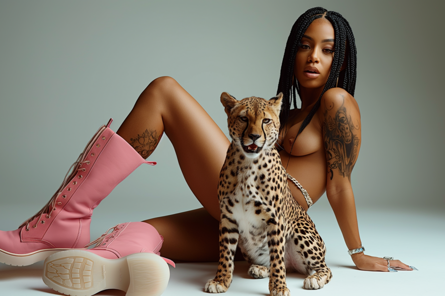 A young woman is sitting on the ground, wearing pink boots with white soles. She has a leopard sitting next to her, with its head resting on her lap. The woman is wearing a bracelet on her wrist and a ring on her finger. In the background, there is another pair of pink boots with a white sole. The woman''s outfit also includes a necklace. The scene is outdoors, and the woman appears relaxed and content as she interacts with the leopard. The colors in the image include shades of brown, pink, and gray, creating a warm and inviting atmosphere.