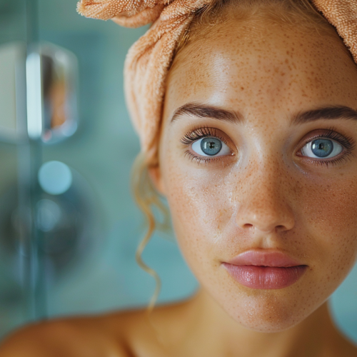 A young woman with freckles on her face is standing in a bathroom, with a towel wrapped around her head. The woman has a fresh face, with freckles dotting her cheeks and nose. Her eyes are a striking feature, framed by long eyelashes. The woman appears to have just stepped out of the shower, as a showerhead can be seen in the background. The image is a close-up shot, focusing on the woman''s face and the towel on her head. The overall color scheme of the image includes shades of green, brown, and gray, creating a calming and natural atmosphere.
