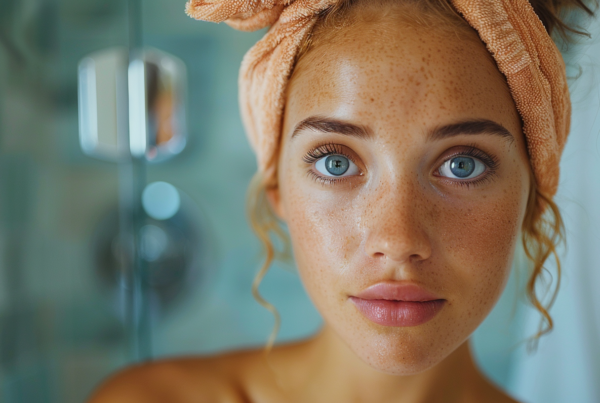 A young woman with freckles on her face is standing in a bathroom, with a towel wrapped around her head. The woman has a fresh face, with freckles dotting her cheeks and nose. Her eyes are a striking feature, framed by long eyelashes. The woman appears to have just stepped out of the shower, as a showerhead can be seen in the background. The image is a close-up shot, focusing on the woman''s face and the towel on her head. The overall color scheme of the image includes shades of green, brown, and gray, creating a calming and natural atmosphere.