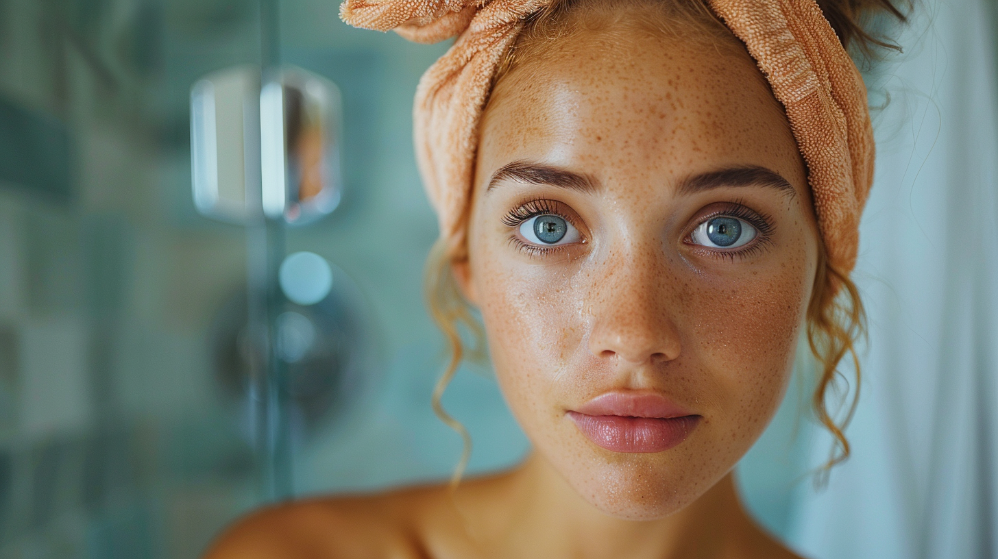 A young woman with freckles on her face is standing in a bathroom, with a towel wrapped around her head. The woman has a fresh face, with freckles dotting her cheeks and nose. Her eyes are a striking feature, framed by long eyelashes. The woman appears to have just stepped out of the shower, as a showerhead can be seen in the background. The image is a close-up shot, focusing on the woman''s face and the towel on her head. The overall color scheme of the image includes shades of green, brown, and gray, creating a calming and natural atmosphere.