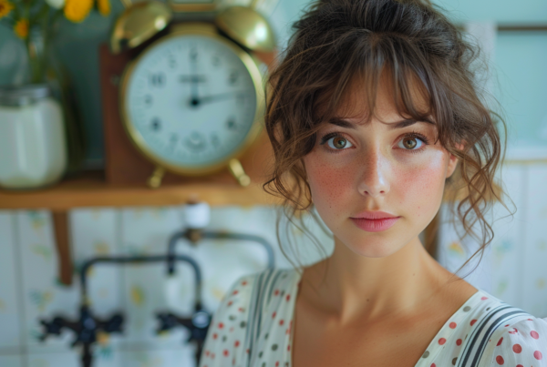 In this image, we see a young woman with a messy bun standing in a kitchen. The woman appears to be in her early twenties and has a warm, friendly expression on her face. She is wearing a polka dot top and is standing next to a clock on the wall. In the background, there is a vase with sunflowers, adding a touch of color to the scene. The overall color scheme of the image is earthy and neutral, with shades of brown, green, and gray dominating the palette. The woman''s face is the focal point of the image, exuding a sense of calm and contentment. The messy bun adds a casual, relaxed vibe to her appearance.