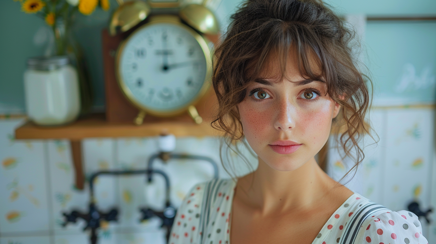 In this image, we see a young woman with a messy bun standing in a kitchen. The woman appears to be in her early twenties and has a warm, friendly expression on her face. She is wearing a polka dot top and is standing next to a clock on the wall. In the background, there is a vase with sunflowers, adding a touch of color to the scene. The overall color scheme of the image is earthy and neutral, with shades of brown, green, and gray dominating the palette. The woman''s face is the focal point of the image, exuding a sense of calm and contentment. The messy bun adds a casual, relaxed vibe to her appearance.