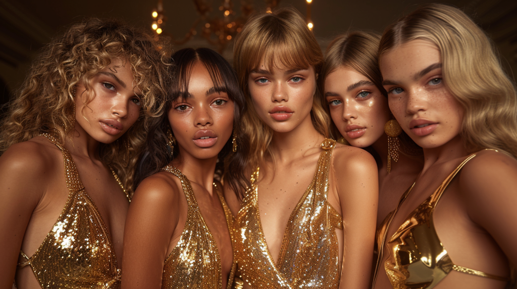 In this image, we see a group of four women wearing stunning gold dresses posing for a picture. The women are all strikingly beautiful, with varying ages and hair styles. They are all confidently standing and striking different poses, exuding elegance and glamour. The women have captivating eyes and are showcasing their individuality through their poses and expressions. The background is simple, allowing the focus to remain on the women and their stunning outfits. The image captures a moment of beauty, confidence, and style as these women showcase their unique personalities in their dazzling gold dresses.