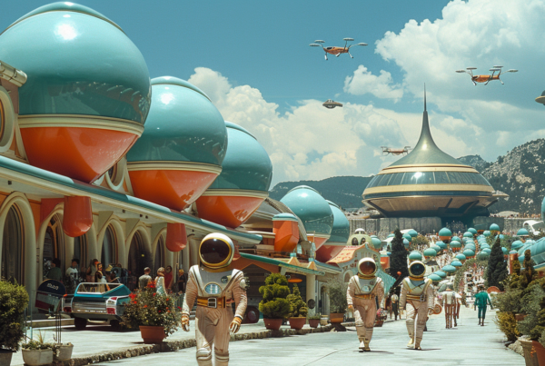 A bustling city street scene is captured in this image, showing a diverse group of people walking along the sidewalk. The foreground features individuals of various ethnicities and ages, some carrying bags or suitcases. In the background, there are several potted plants lining the walkway, adding a touch of greenery to the urban landscape. Additionally, two airplanes are visible in the sky above, hinting at a busy transportation hub nearby. The overall atmosphere is vibrant and dynamic, with a mix of modern architecture and traditional buildings creating a visually interesting backdrop for the pedestrians.