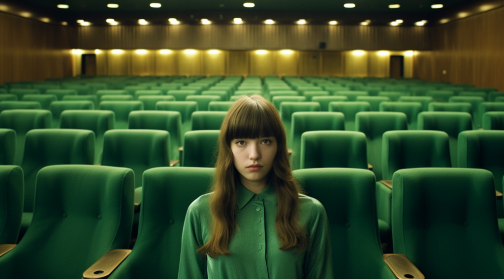 A woman is standing in a large auditorium filled with green chairs. The chairs are arranged neatly in rows, creating a symmetrical and organized look. The woman is wearing a green dress and has long hair with bangs. She appears to be in her early twenties and is looking towards the camera. The auditorium is spacious, with high ceilings and good lighting. The chairs are wooden with green cushions, giving a classic and elegant feel to the space. The overall atmosphere is calm and serene, perfect for a performance or event.