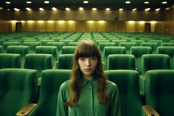 A woman is standing in a large auditorium filled with green chairs. The chairs are arranged neatly in rows, creating a symmetrical and organized look. The woman is wearing a green dress and has long hair with bangs. She appears to be in her early twenties and is looking towards the camera. The auditorium is spacious, with high ceilings and good lighting. The chairs are wooden with green cushions, giving a classic and elegant feel to the space. The overall atmosphere is calm and serene, perfect for a performance or event.