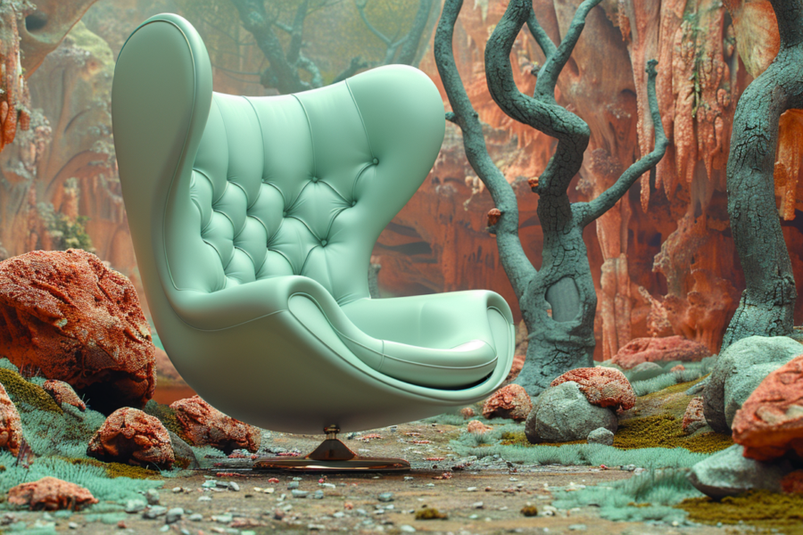 In this image, we see a solitary chair placed in a rocky area with a majestic tree standing tall in the background. The chair is a vibrant shade of green, adding a pop of color to the otherwise neutral surroundings. The rocky terrain creates a rugged and natural backdrop, contrasting with the elegance of the chair. The scene feels almost surreal, with the juxtaposition of man-made furniture against the raw beauty of nature. The overall composition evokes a sense of peaceful solitude and contemplation, inviting the viewer to imagine themselves sitting in the chair, surrounded by the peaceful serenity of the forest.