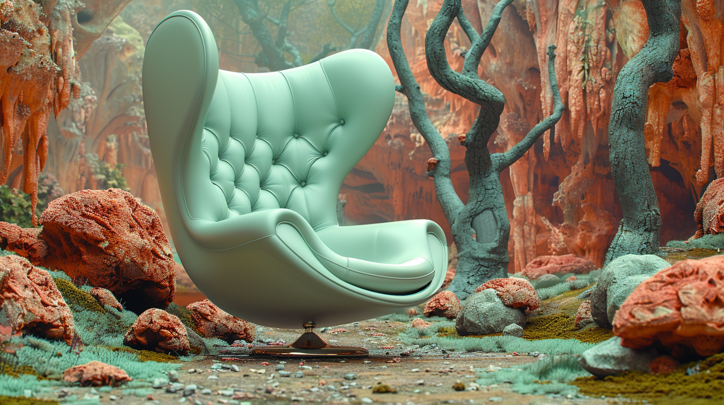 In this image, we see a solitary chair placed in a rocky area with a majestic tree standing tall in the background. The chair is a vibrant shade of green, adding a pop of color to the otherwise neutral surroundings. The rocky terrain creates a rugged and natural backdrop, contrasting with the elegance of the chair. The scene feels almost surreal, with the juxtaposition of man-made furniture against the raw beauty of nature. The overall composition evokes a sense of peaceful solitude and contemplation, inviting the viewer to imagine themselves sitting in the chair, surrounded by the peaceful serenity of the forest.