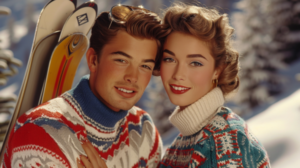 A man and woman are posing for a picture in the snow, both wearing sweaters. The man, who appears to be around 24 years old, is on the left side of the image, while the woman, approximately 28 years old, is on the right. They are both smiling and standing next to a pair of skis. The woman is holding an umbrella, and the man is wearing glasses. The primary colors in the image include shades of brown and beige, with accents of dark red. The scene exudes a cozy winter vibe, perfect for a fun day out in the snow.