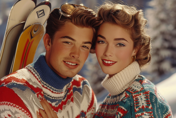 A man and woman are posing for a picture in the snow, both wearing sweaters. The man, who appears to be around 24 years old, is on the left side of the image, while the woman, approximately 28 years old, is on the right. They are both smiling and standing next to a pair of skis. The woman is holding an umbrella, and the man is wearing glasses. The primary colors in the image include shades of brown and beige, with accents of dark red. The scene exudes a cozy winter vibe, perfect for a fun day out in the snow.