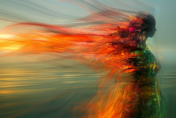 In this image, we see a woman standing in the water with long flowing hair. The woman appears to be wearing a green dress and her hair is blowing in the wind. The background is a serene water scene, with hints of red and orange colors. The overall color palette consists of shades of brown, grey, and orange. The image has a dreamy and ethereal quality to it, with the woman''s hair and the water creating a sense of movement and fluidity. The woman exudes a sense of calm and tranquility, making this a captivating and visually striking photograph.