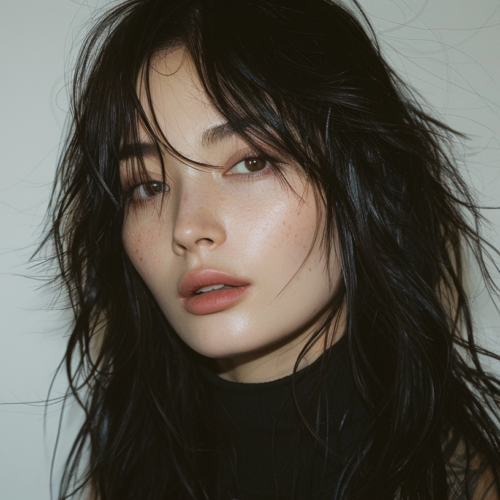 In this image, we see a young woman with long black hair and a black turtle neck top. Her hair is sleek and shiny, falling gracefully down her back. The woman''s face is visible, showing delicate features and a serene expression. She exudes an air of elegance and sophistication. The background is simple and unobtrusive, allowing the focus to remain on her. The colors in the image are mostly neutral tones, with shades of grey, black, and brown. The woman appears to be in her mid-twenties and is identified as female.