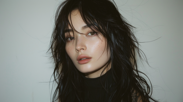 In this image, we see a young woman with long black hair and a black turtle neck top. Her hair is sleek and shiny, falling gracefully down her back. The woman''s face is visible, showing delicate features and a serene expression. She exudes an air of elegance and sophistication. The background is simple and unobtrusive, allowing the focus to remain on her. The colors in the image are mostly neutral tones, with shades of grey, black, and brown. The woman appears to be in her mid-twenties and is identified as female.