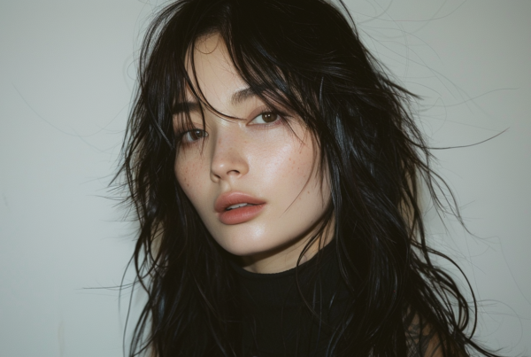 In this image, we see a young woman with long black hair and a black turtle neck top. Her hair is sleek and shiny, falling gracefully down her back. The woman''s face is visible, showing delicate features and a serene expression. She exudes an air of elegance and sophistication. The background is simple and unobtrusive, allowing the focus to remain on her. The colors in the image are mostly neutral tones, with shades of grey, black, and brown. The woman appears to be in her mid-twenties and is identified as female.