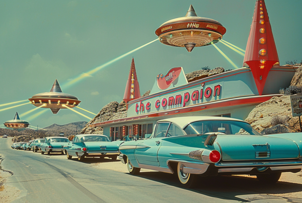 A group of cars are driving down a road next to a building. The scene captures a variety of cars in motion, including a blue car parked in front of a gas station, a line of cars parked on a street with mountains in the background, and the rear end of a classic car parked in front of a gas station. The blue car has a white top and a black tail light. The cars are driving under a clear sky, with a hint of a flying saucer in the background. The color palette includes shades of blue, green, and brown, creating a harmonious and natural feel to the image