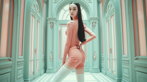 In the image, a young woman is depicted wearing a stunning pink dress with intricate details and a white stripe pattern. She accessorizes with white stockings that complement her outfit perfectly. Her long black hair flows elegantly down her back. The woman stands confidently in a room, showcasing her fashionable ensemble. A delicate necklace adorns her neck, adding a touch of sophistication to her look. The overall color palette of the scene includes soft shades of pink, white, and gray, creating a harmonious and stylish aesthetic