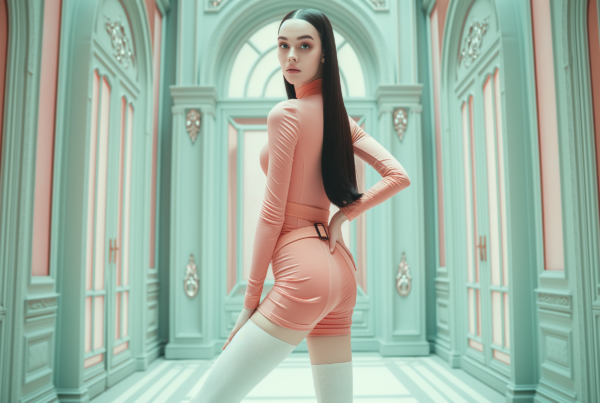 In the image, a young woman is depicted wearing a stunning pink dress with intricate details and a white stripe pattern. She accessorizes with white stockings that complement her outfit perfectly. Her long black hair flows elegantly down her back. The woman stands confidently in a room, showcasing her fashionable ensemble. A delicate necklace adorns her neck, adding a touch of sophistication to her look. The overall color palette of the scene includes soft shades of pink, white, and gray, creating a harmonious and stylish aesthetic