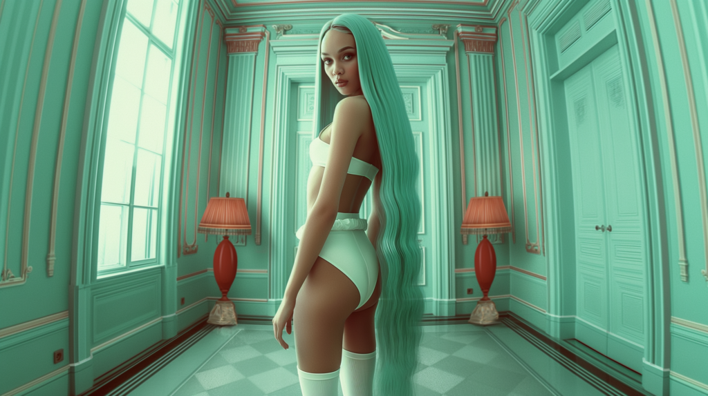 In this image, we see a woman with long green hair standing in a room. The room has two lamps, one with a red shade on a table and another with a green shade on the floor. The woman is wearing a white top and standing near the lamp with the green shade. The room has green walls and a bed can be seen in the background. The woman appears to be in her early twenties and is the only person in the room. The overall color palette of the image consists of shades of green, brown, and white.