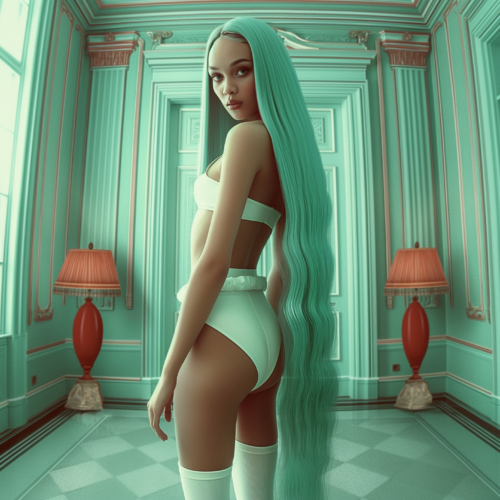 In this image, we see a woman with long green hair standing in a room. The room has two lamps, one with a red shade on a table and another with a green shade on the floor. The woman is wearing a white top and standing near the lamp with the green shade. The room has green walls and a bed can be seen in the background. The woman appears to be in her early twenties and is the only person in the room. The overall color palette of the image consists of shades of green, brown, and white.