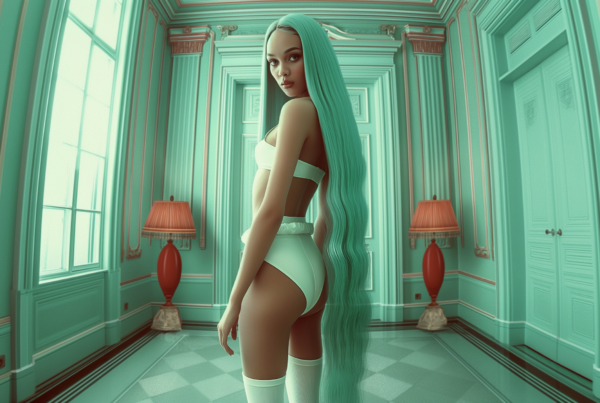 In this image, we see a woman with long green hair standing in a room. The room has two lamps, one with a red shade on a table and another with a green shade on the floor. The woman is wearing a white top and standing near the lamp with the green shade. The room has green walls and a bed can be seen in the background. The woman appears to be in her early twenties and is the only person in the room. The overall color palette of the image consists of shades of green, brown, and white.