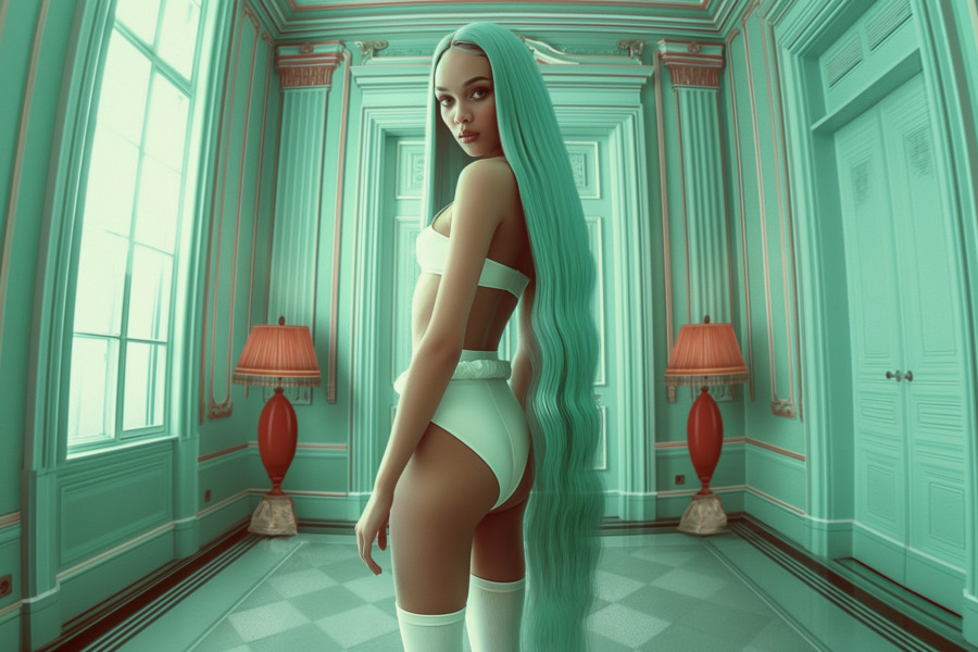 In this image, we see a woman with long green hair standing in a room. The room has two lamps, one with a red shade on a table and another with a green shade on the floor. The woman is wearing a white top and standing near the lamp with the green shade. The room has green walls and a bed can be seen in the background. The woman appears to be in her early twenties and is the only person in the room. The overall color palette of the image consists of shades of green, brown, and white.