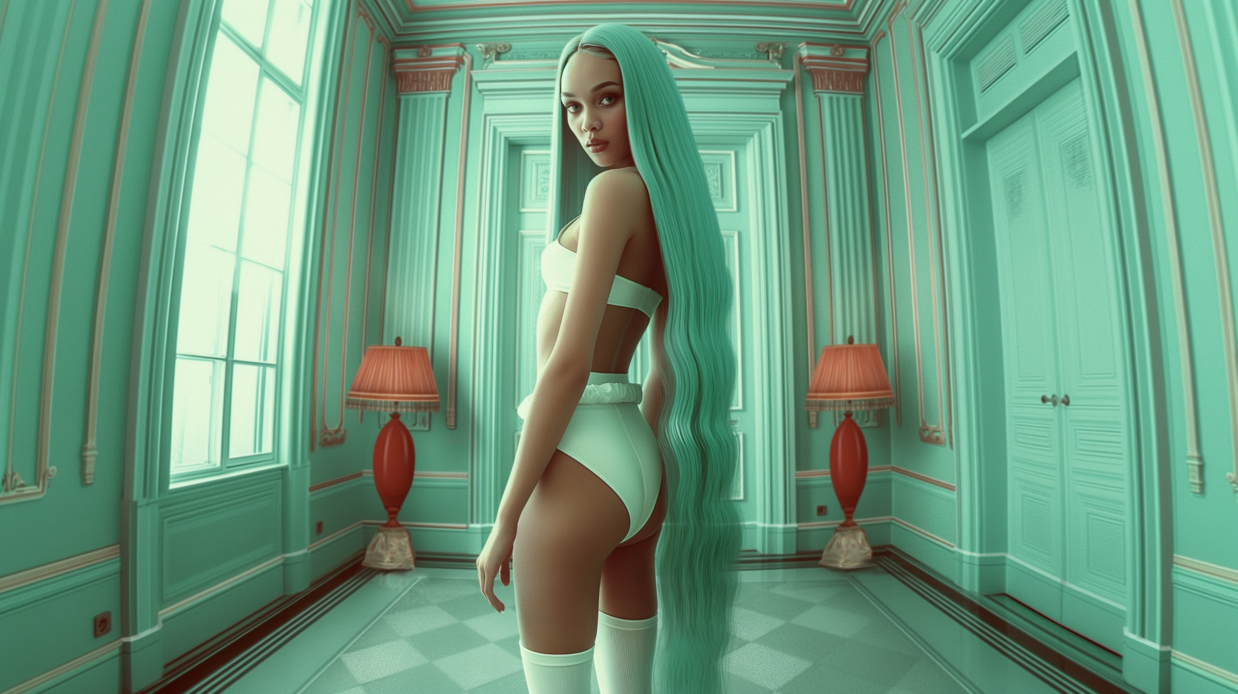 In this image, we see a woman with long green hair standing in a room. The room has two lamps, one with a red shade on a table and another with a green shade on the floor. The woman is wearing a white top and standing near the lamp with the green shade. The room has green walls and a bed can be seen in the background. The woman appears to be in her early twenties and is the only person in the room. The overall color palette of the image consists of shades of green, brown, and white.