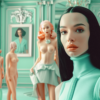 A woman with long black hair and a green turtleneck is standing in front of a group of mannequins in a room with a green background. The woman appears nude, with a large breast, and is wearing a blue dress. She has green hair and is posing in a way that emphasizes her body. The room also contains a picture frame on the wall. The woman''s facial features and expression are clear, and she is the central focus of the image. The mannequins are positioned behind her, creating a striking contrast between the woman and the lifeless figures.