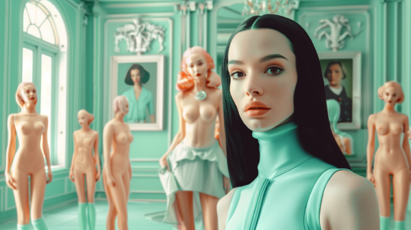 A woman with long black hair and a green turtleneck is standing in front of a group of mannequins in a room with a green background. The woman appears nude, with a large breast, and is wearing a blue dress. She has green hair and is posing in a way that emphasizes her body. The room also contains a picture frame on the wall. The woman''s facial features and expression are clear, and she is the central focus of the image. The mannequins are positioned behind her, creating a striking contrast between the woman and the lifeless figures.