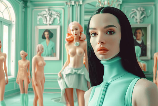 A woman with long black hair and a green turtleneck is standing in front of a group of mannequins in a room with a green background. The woman appears nude, with a large breast, and is wearing a blue dress. She has green hair and is posing in a way that emphasizes her body. The room also contains a picture frame on the wall. The woman''s facial features and expression are clear, and she is the central focus of the image. The mannequins are positioned behind her, creating a striking contrast between the woman and the lifeless figures.