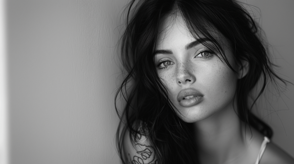 A black and white photo captures a close-up portrait of a young woman with freckles on her face. The woman, who appears to be in her late 20s, has long hair flowing down her shoulders. She is looking directly at the camera with a serene expression. A prominent feature in the image is a tattoo on her arm and shoulder, adding a touch of edginess to her overall look. The contrast between the dark tattoo and her fair skin creates a striking visual effect. The photo exudes a sense of confidence and individuality, making the woman appear both strong and vulnerable at the same time.