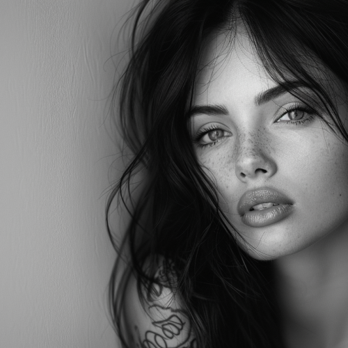 A black and white photo captures a close-up portrait of a young woman with freckles on her face. The woman, who appears to be in her late 20s, has long hair flowing down her shoulders. She is looking directly at the camera with a serene expression. A prominent feature in the image is a tattoo on her arm and shoulder, adding a touch of edginess to her overall look. The contrast between the dark tattoo and her fair skin creates a striking visual effect. The photo exudes a sense of confidence and individuality, making the woman appear both strong and vulnerable at the same time.