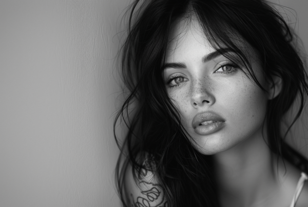 A black and white photo captures a close-up portrait of a young woman with freckles on her face. The woman, who appears to be in her late 20s, has long hair flowing down her shoulders. She is looking directly at the camera with a serene expression. A prominent feature in the image is a tattoo on her arm and shoulder, adding a touch of edginess to her overall look. The contrast between the dark tattoo and her fair skin creates a striking visual effect. The photo exudes a sense of confidence and individuality, making the woman appear both strong and vulnerable at the same time.