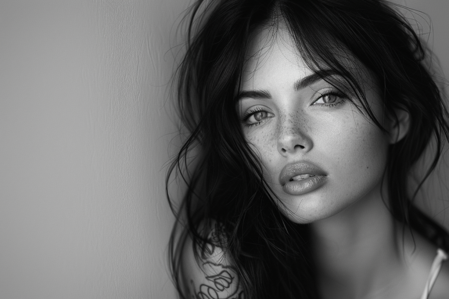 A black and white photo captures a close-up portrait of a young woman with freckles on her face. The woman, who appears to be in her late 20s, has long hair flowing down her shoulders. She is looking directly at the camera with a serene expression. A prominent feature in the image is a tattoo on her arm and shoulder, adding a touch of edginess to her overall look. The contrast between the dark tattoo and her fair skin creates a striking visual effect. The photo exudes a sense of confidence and individuality, making the woman appear both strong and vulnerable at the same time.
